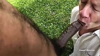 Stewart Sucks off a Beautiful and Gargantuan Chunky Ebony Cock outdoors in his private hither yard